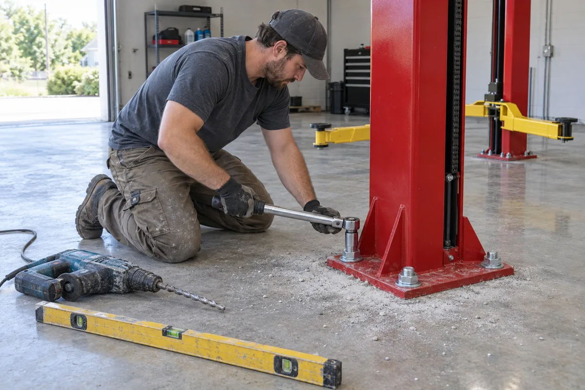Installer torquing a concrete wedge anchor on the base plate of a 2 post car lift column with a rotary hammer and level nearby