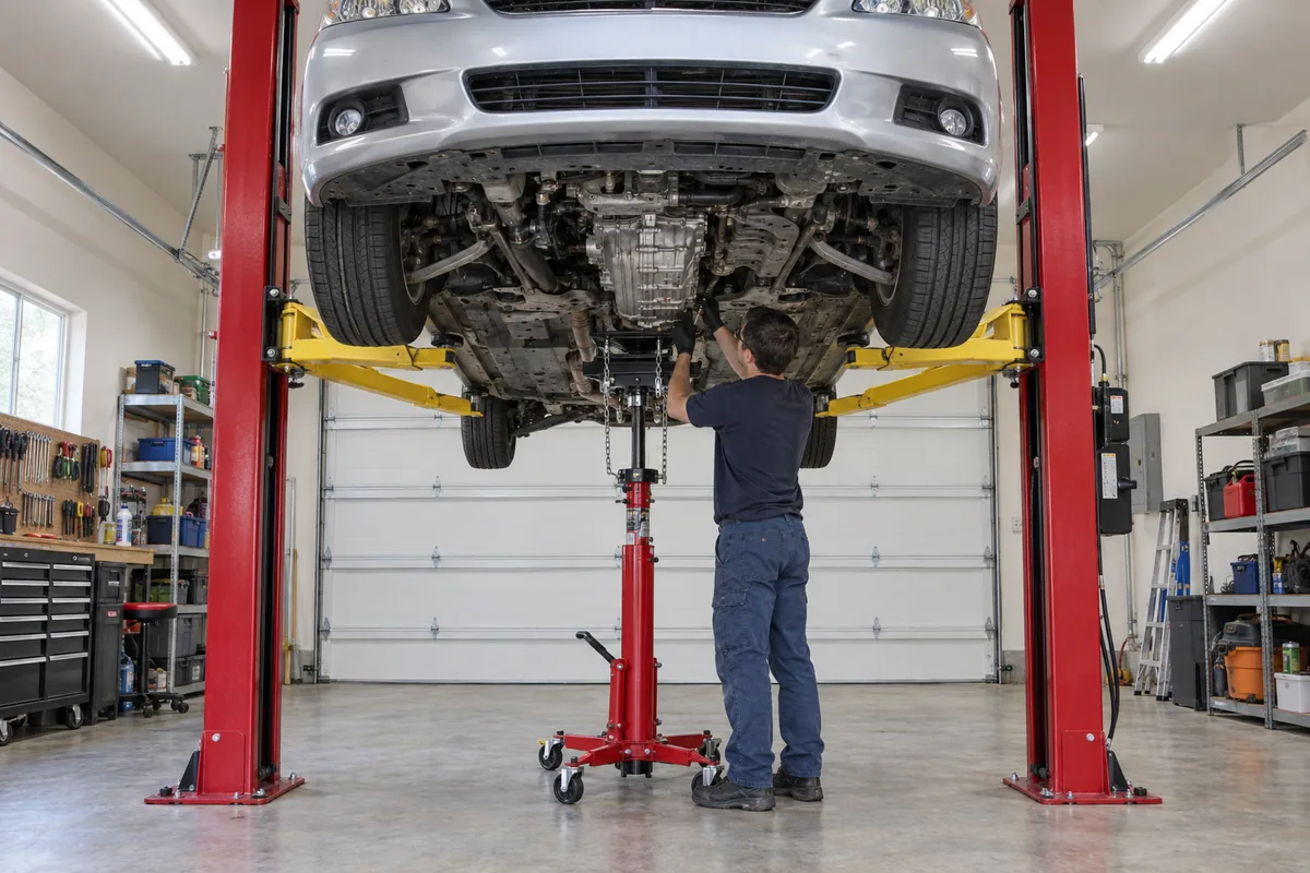 Mechanic standing under a sedan raised on a 2 post car lift using a transmission jack with all four wheels hanging free