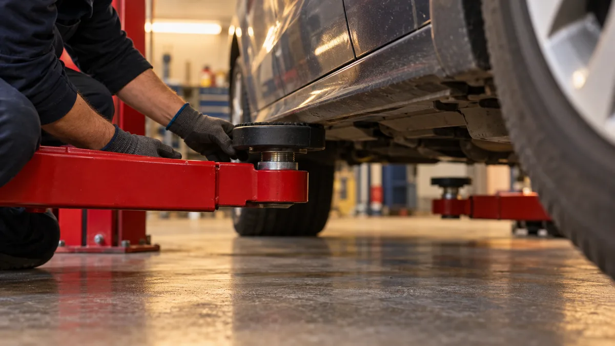 Close-up of a mechanic positioning a 2 post lift swing arm rubber pad under a car pinch weld lift point