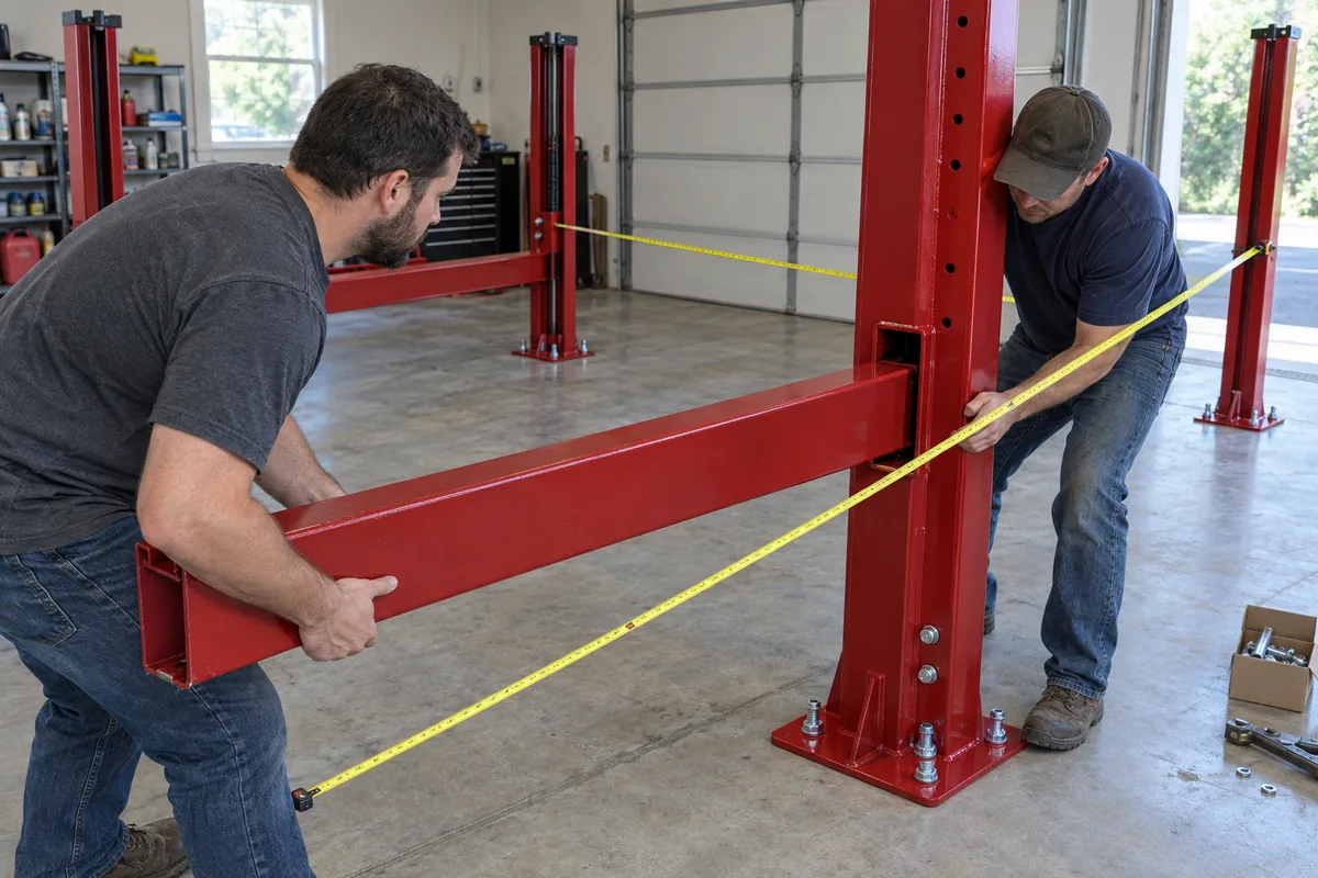 Two installers sliding a crossbeam into a 4 post car lift column and checking the frame diagonals with a tape measure