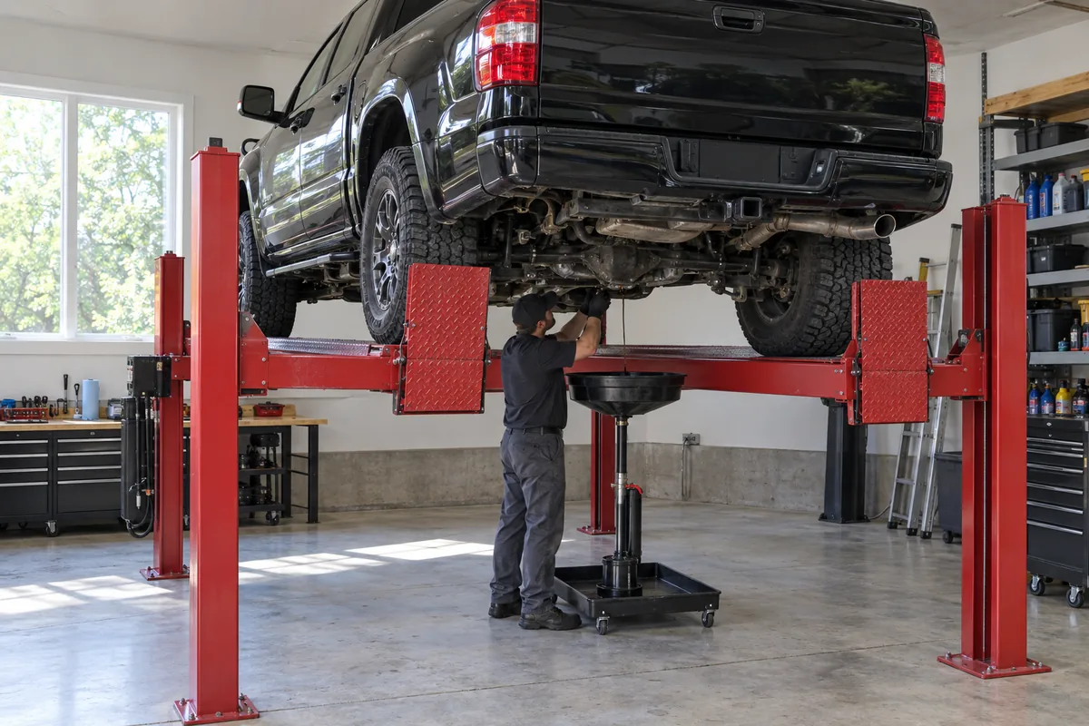 Mechanic changing the oil on a pickup truck driven onto the runways of a 4 post car lift with a drip tray between the runways