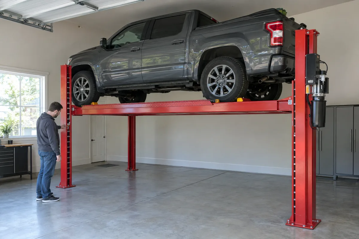 Installed 4 post car lift raised with a pickup truck resting on the safety locks during the first load test
