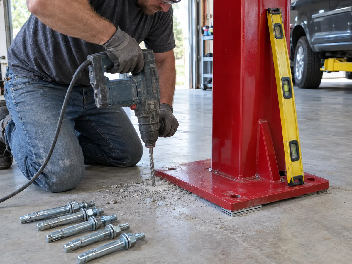 Drilling a concrete anchor hole through the base plate of a plumb, shimmed 4 post car lift post with a rotary hammer