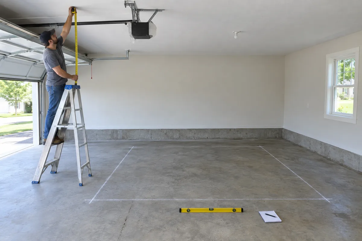 Measuring garage ceiling height and chalking the footprint before a 4 post car lift installation