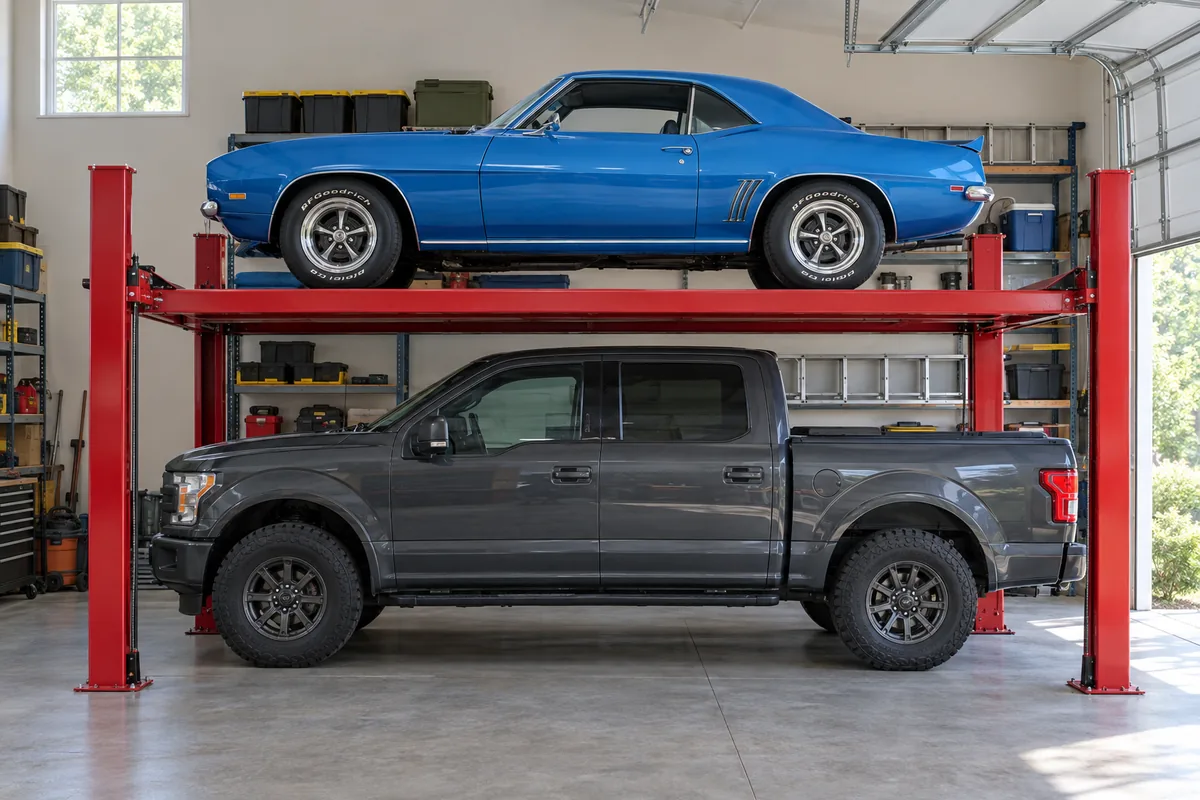 4 post car lift storing a classic muscle car on the runways with a pickup truck parked underneath