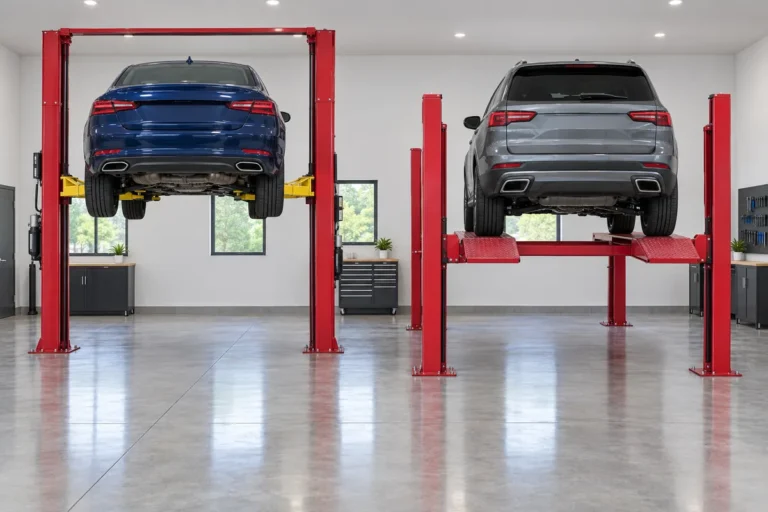 2 post car lift holding a sedan on its swing arms next to a 4 post car lift with an SUV on its runways in a home garage