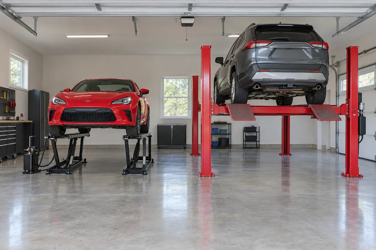 Red sports coupe raised two feet on a QuickJack style portable frame lift next to a 4 post car lift holding an SUV at full height in a home garage