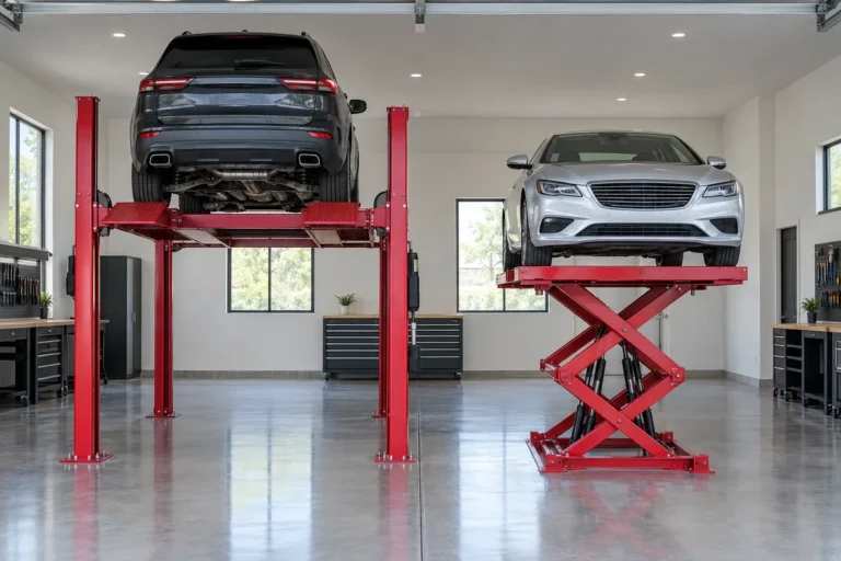 4 post lift with an SUV raised high next to a scissor lift holding a sedan at waist height in a home garage