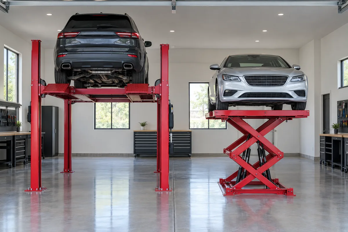 4 post lift with an SUV raised high next to a scissor lift holding a sedan at waist height in a home garage