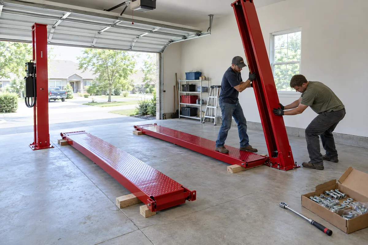Two installers standing up a red 4 post car lift post in a home garage during installation