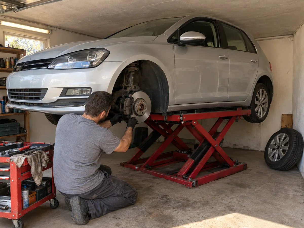 Mechanic replacing a brake rotor on a hatchback raised on a mid-rise scissor lift in a low-ceiling garage