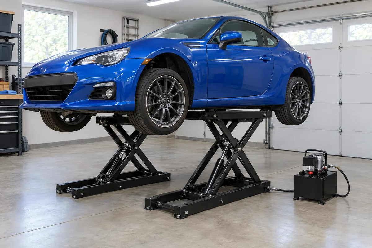 Portable low-rise scissor lift raising a blue sports car by its frame rails with the wheels hanging free