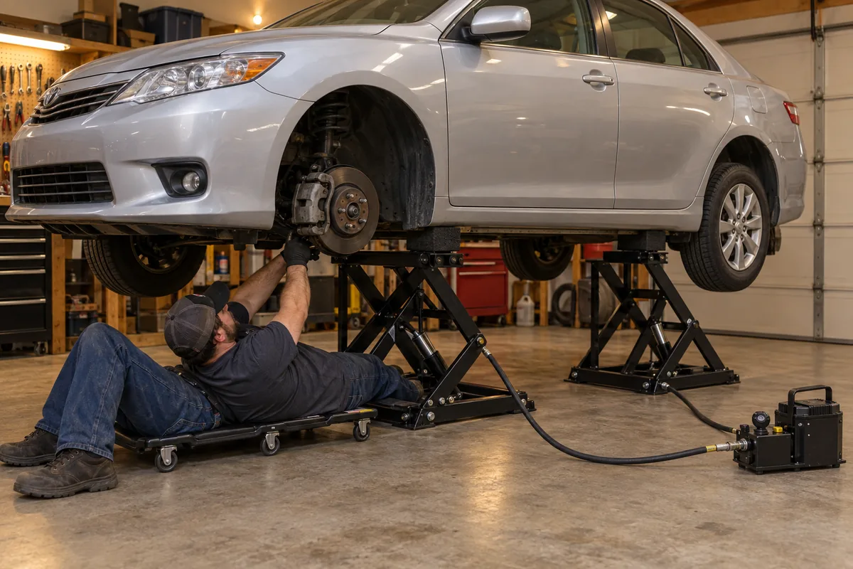 Mechanic lying on a creeper doing brake work under a sedan raised on QuickJack frames with all four wheels hanging free