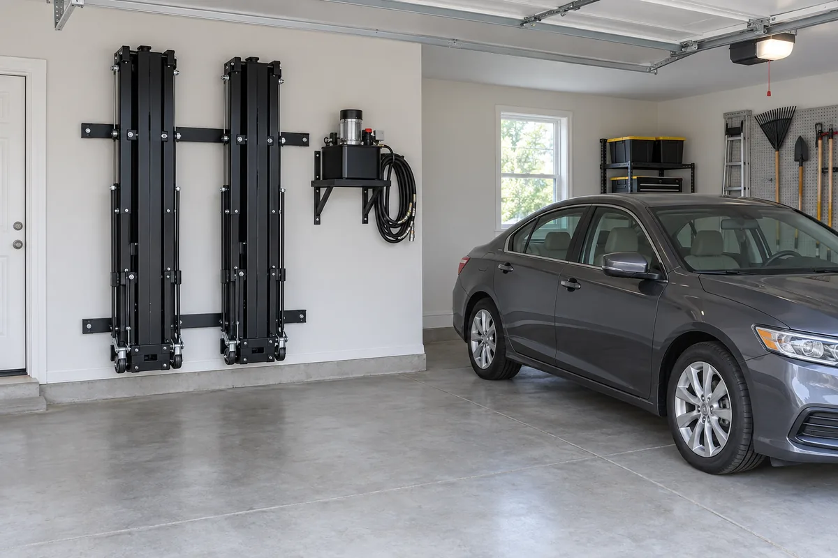 QuickJack portable lift frames and power unit stored upright on a garage wall with a sedan parked normally beside them