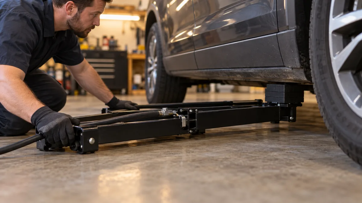 Close-up of a mechanic sliding a QuickJack frame under a car and placing the rubber lift block beneath the pinch weld