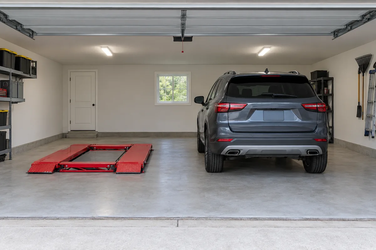 Mid-rise scissor lift fully lowered flat on a two-car garage floor next to a parked SUV, showing its small footprint